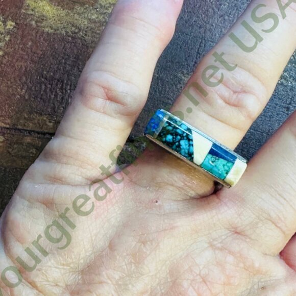 Vintage Sterling Silver Turquoise Inlay Square Ring Navajo Larry Castillo 7.5 - Picture 1 of 13